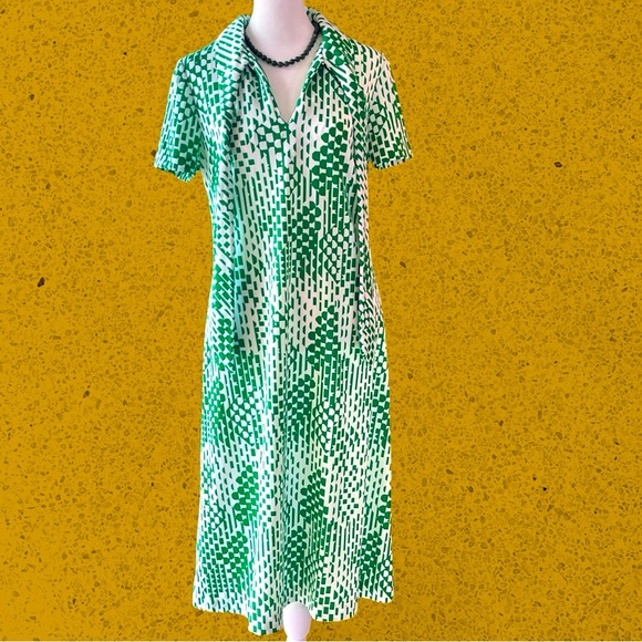 VTG 70s Mod Green & White Abstract Pattern Dress & Button Front Cardigan Set | S - Picture 4 of 16